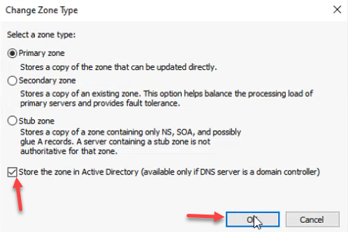 Change Zone Type dialog for _msdcs zone with Store the zone in Active Directory checked