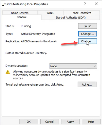 _msdcs.fortesting.local Properties showing Type Active Directory-Integrated with the Replication Change button highlighted