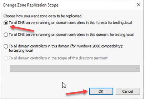 Change Zone Replication Scope dialog with To all DNS servers running on domain controllers in this forest selected