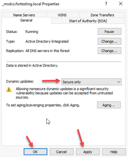 _msdcs.fortesting.local Properties showing Active Directory-Integrated, Replication All DNS servers in this forest, Dynamic updates Secure only