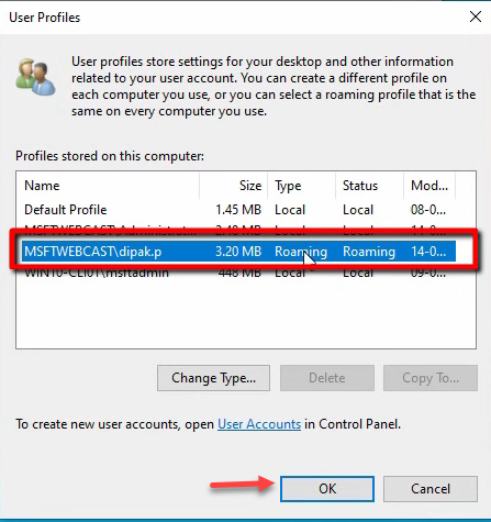 Step 40 of the roaming-profile setup workflow on Windows Server 2022