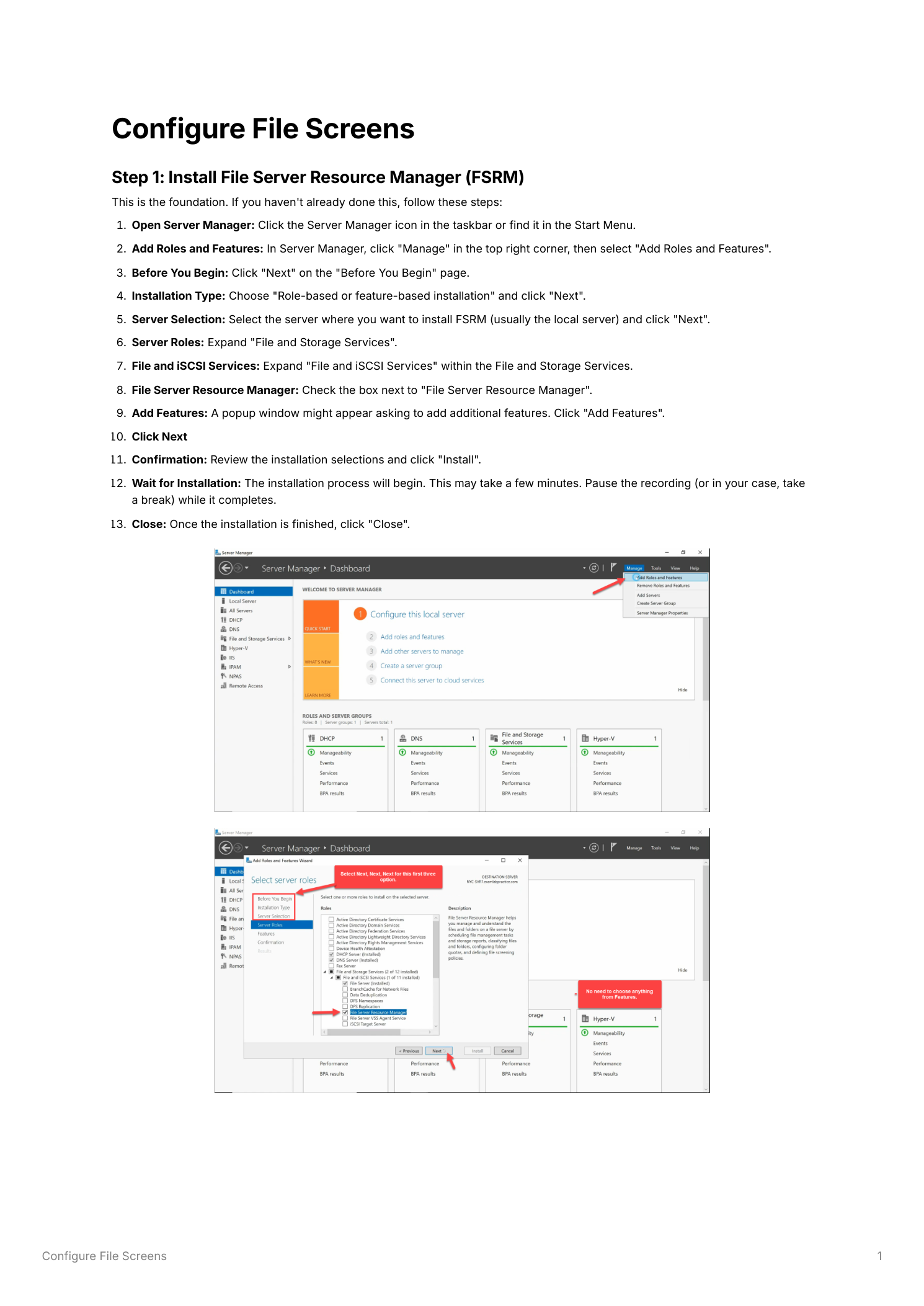 Server Manager Add Roles and Features wizard on the Server Roles page with File and iSCSI Services expanded and File Server Resource Manager checked, alongside the Confirmation page listing the features to be installed with the Install button highlighted