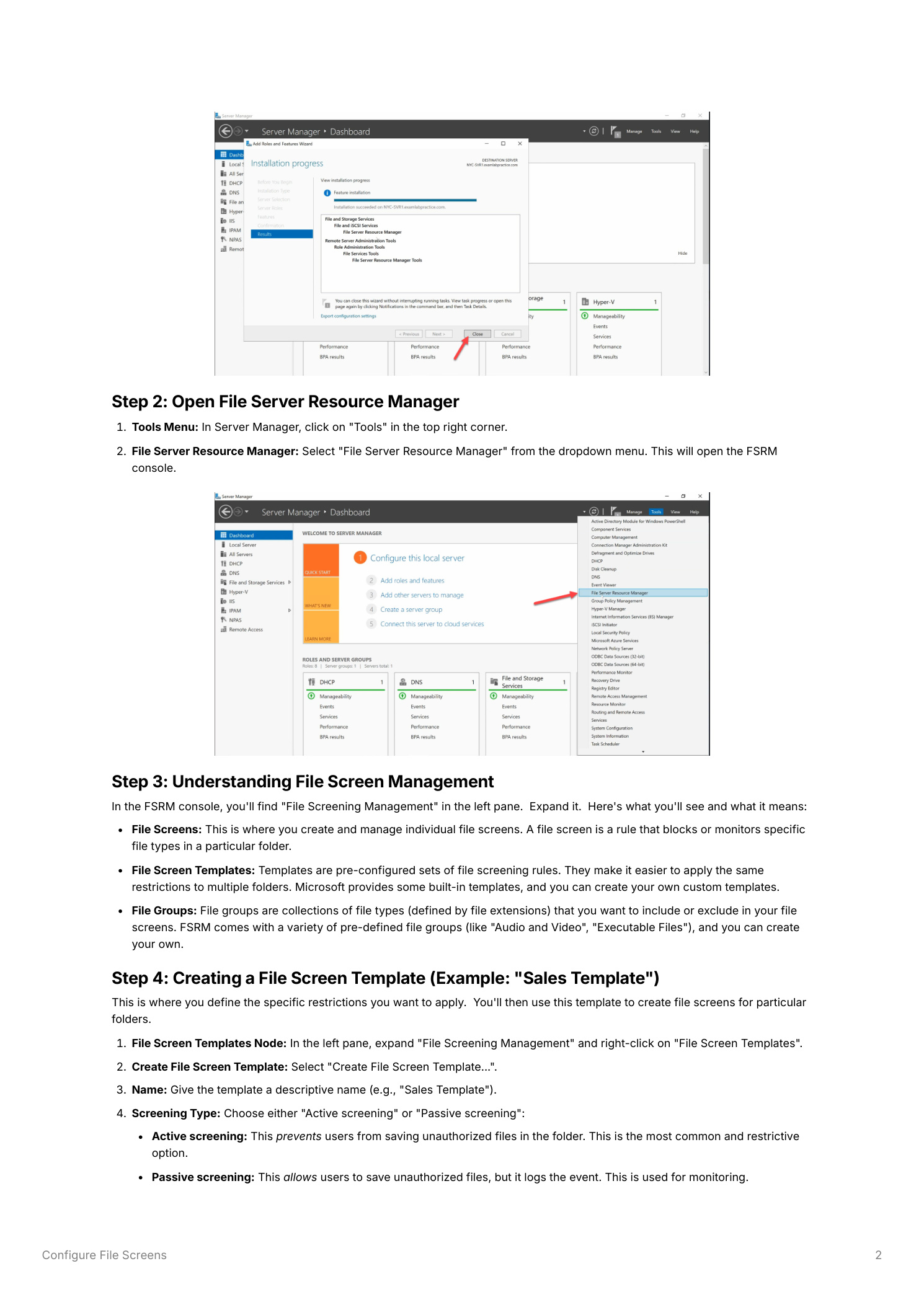 Server Manager Tools menu open with File Server Resource Manager highlighted, and the FSRM console open with File Screening Management expanded in the left pane showing File Screens, File Screen Templates, and File Groups nodes