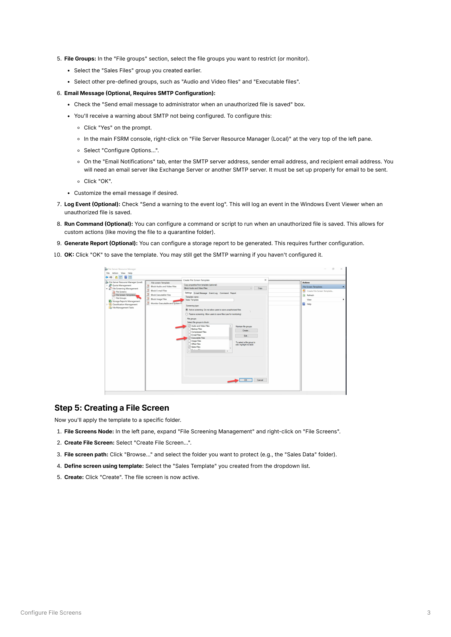Create File Screen Template dialog open with the template name filled in, Active screening selected, and the File Groups list showing Audio and Video Files and Executable Files checked, alongside the Email Message tab and Event Log tab configuration options