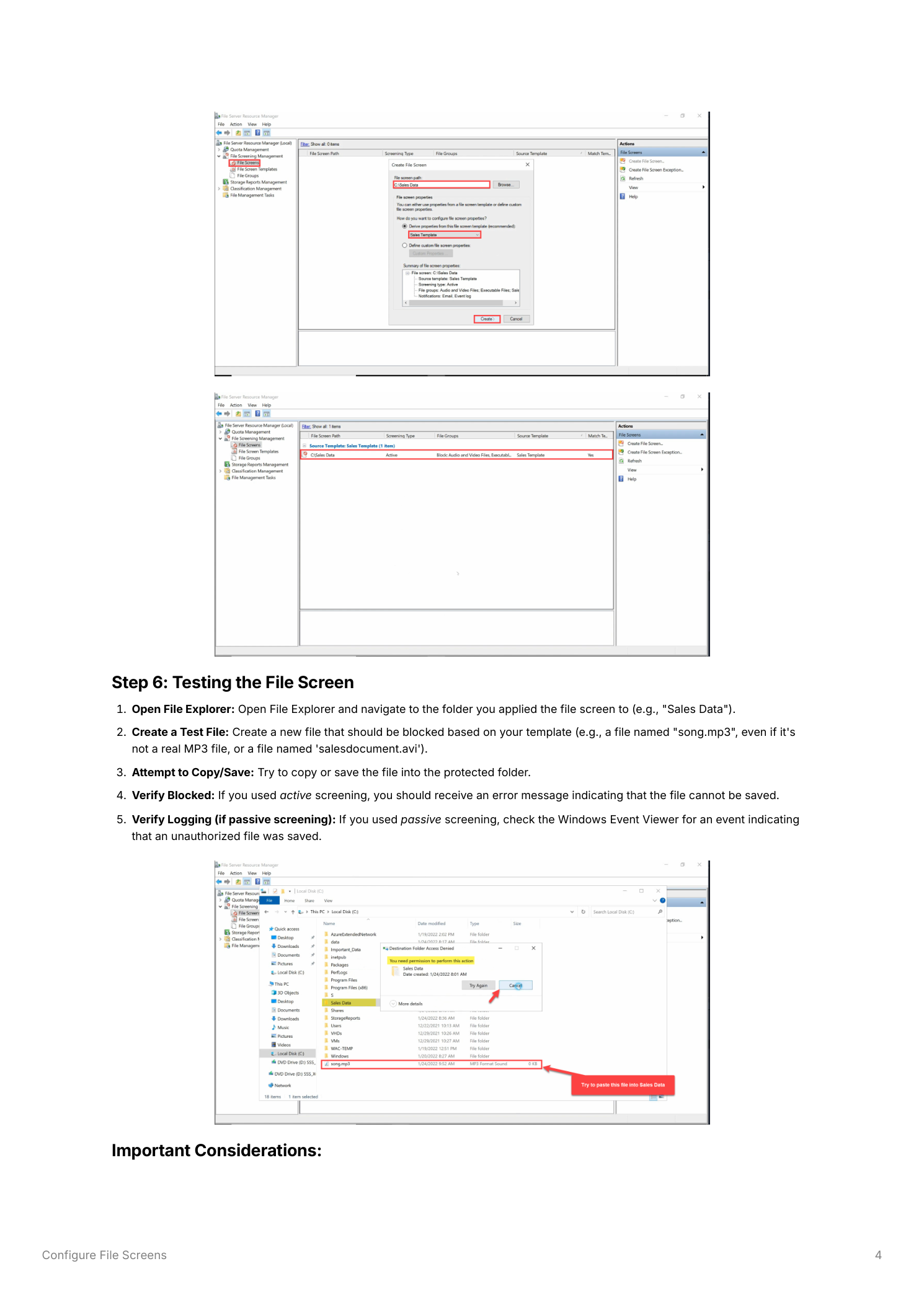 FSRM console showing the file screen listed under File Screens with the folder path and template name visible, and a File Explorer window attempting to save a blocked file type with a Windows error message indicating the file cannot be saved to the protected folder