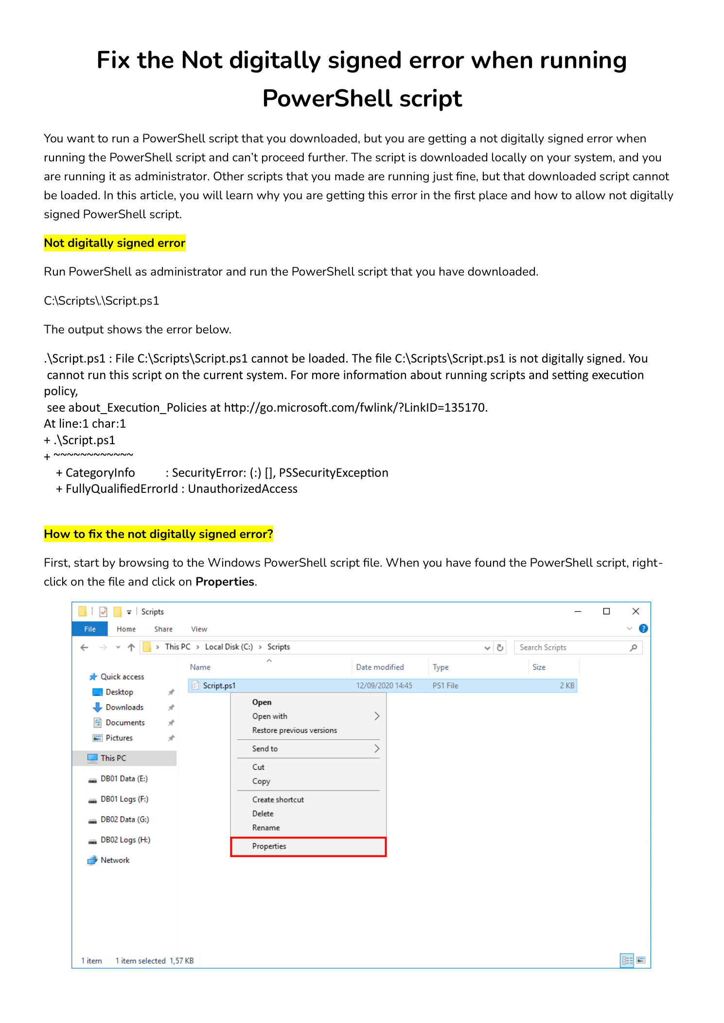 Windows File Explorer at C:\Scripts showing Script.ps1 with the right-click context menu open and Properties highlighted as the entry point for unblocking a downloaded PowerShell script