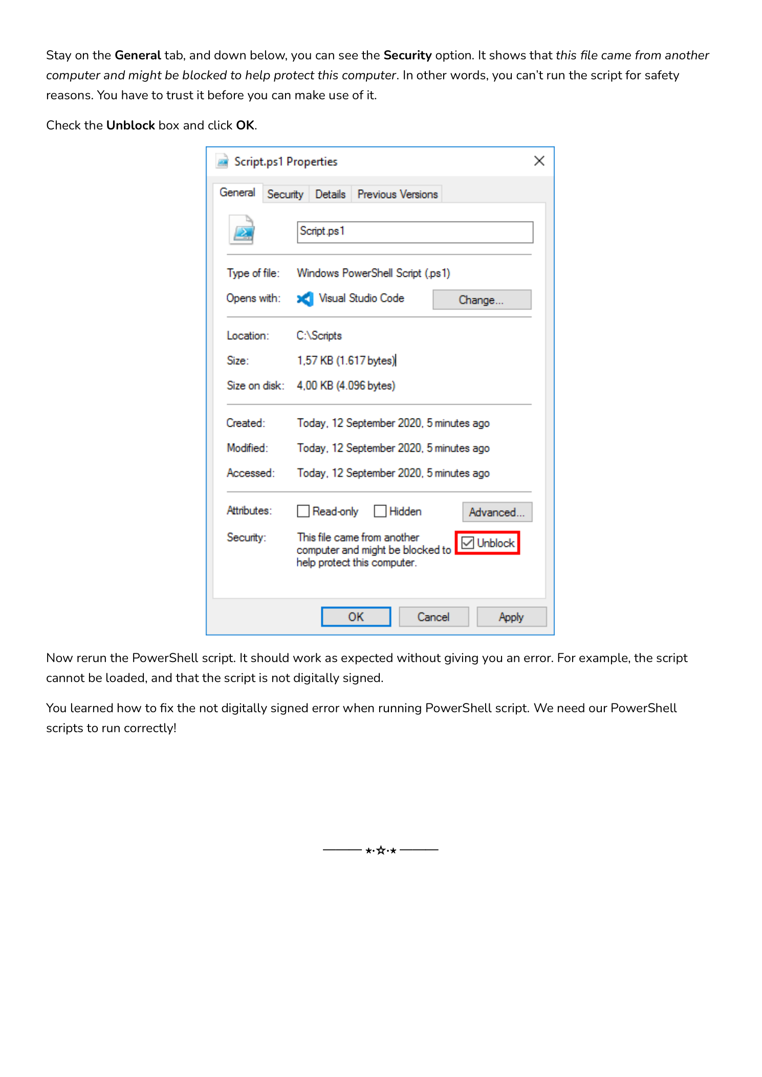 Script.ps1 Properties dialog open to the General tab with the Security section at the bottom showing the warning that the file came from another computer and might be blocked, and the Unblock checkbox highlighted next to the OK button
