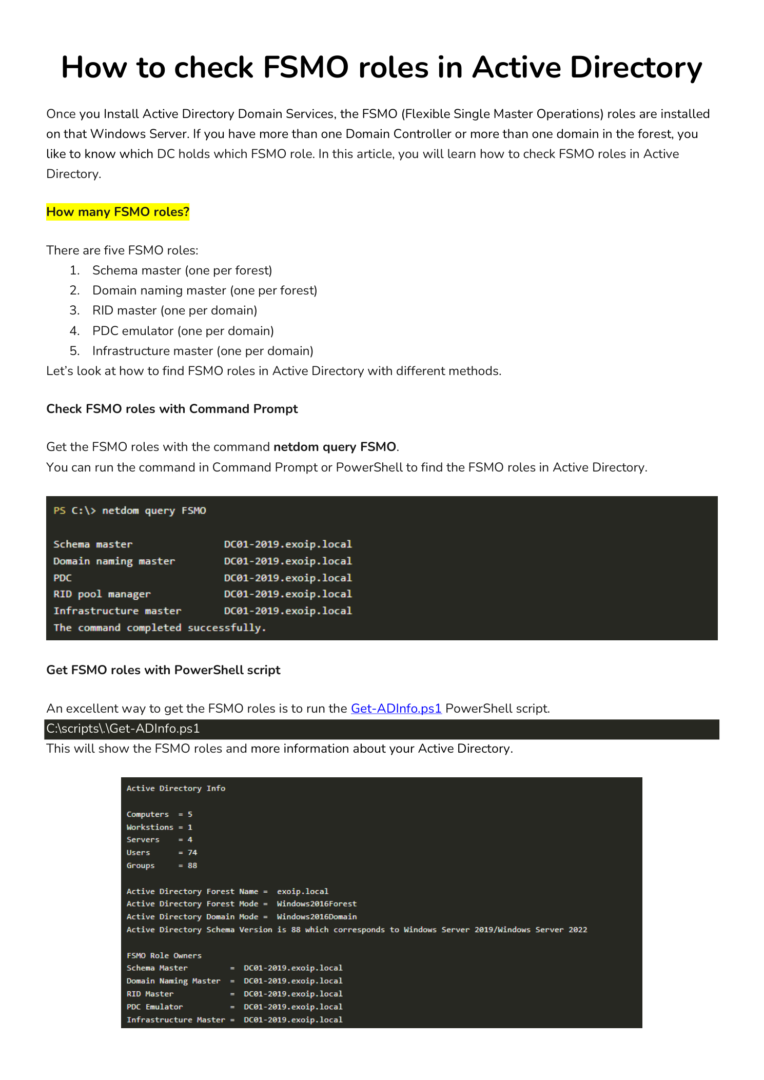 Article opening with the five FSMO role names listed and two Windows screenshots: a Command Prompt running netdom query FSMO showing the schema master, domain naming master, PDC, RID pool manager, and infrastructure master output, and a PowerShell session running Get-ADInfo.ps1 reporting the same FSMO holders alongside forest and domain functional levels