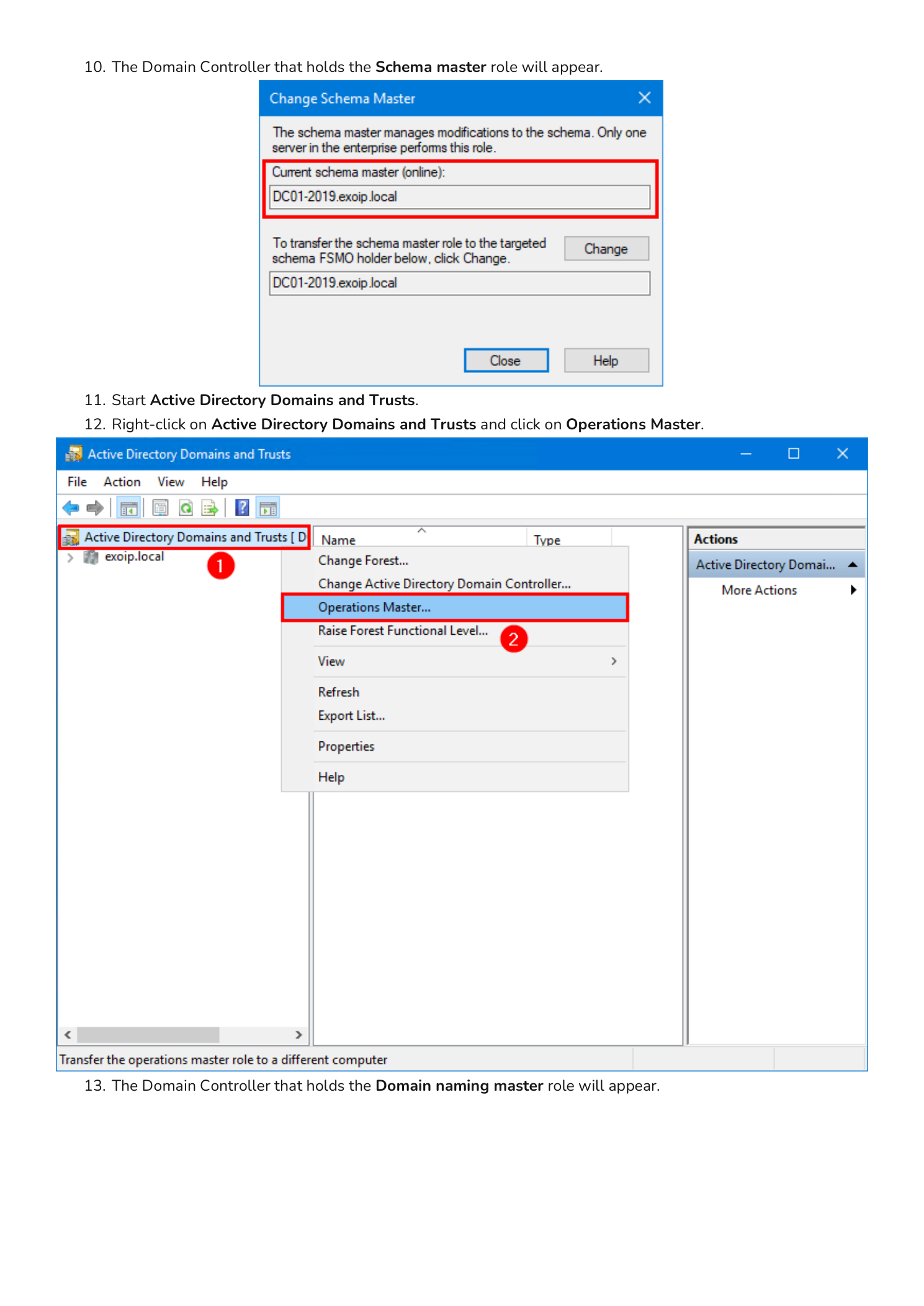 Two screenshots: the Change Schema Master dialog showing the current schema operations master as DC01-2019.exoip.local with a Change button, and the Active Directory Domains and Trusts MMC snap-in with the root node right-clicked and Operations Master highlighted