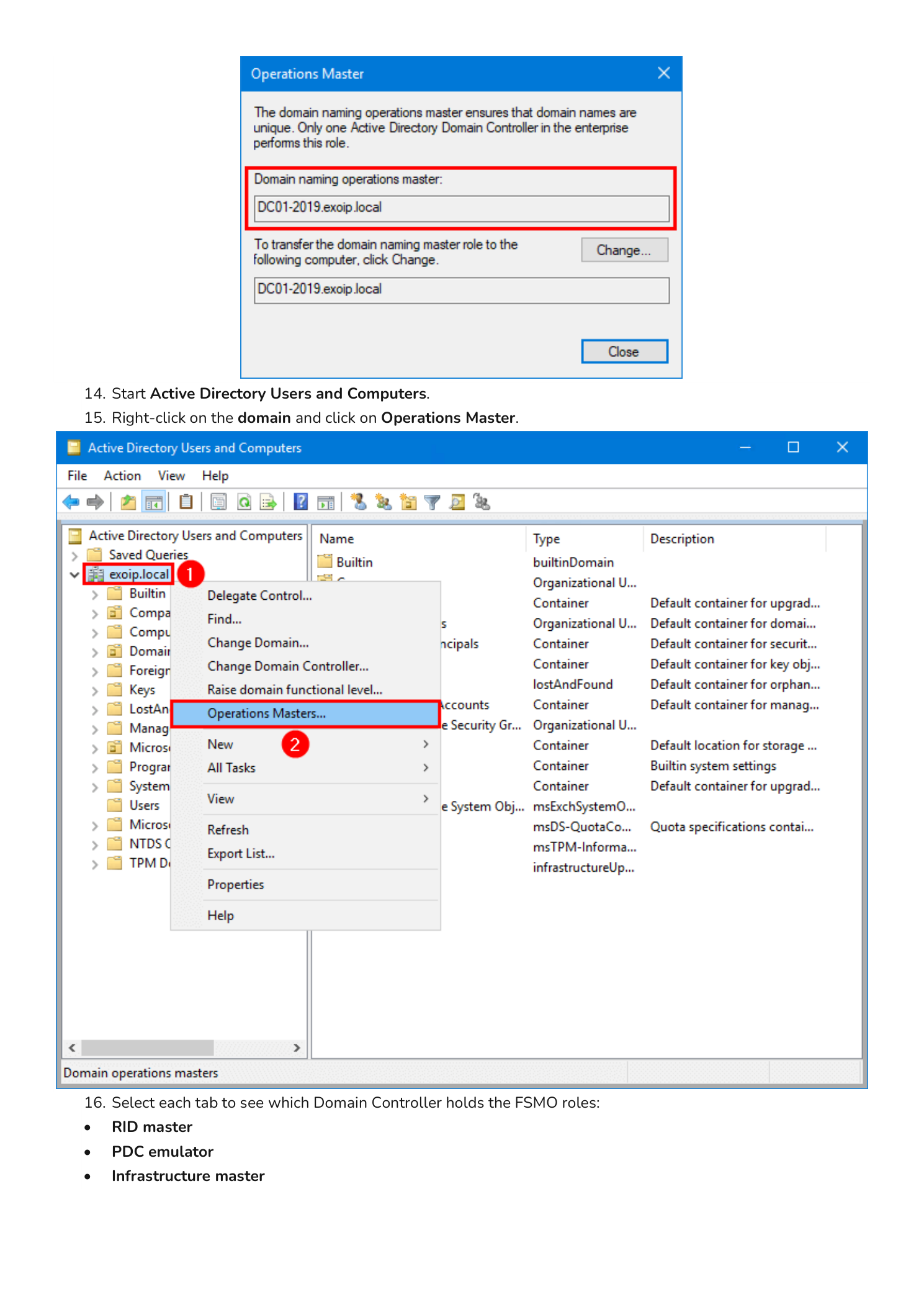 Two screenshots: the Operations Master dialog inside Active Directory Domains and Trusts displaying the Domain naming operations master as DC01-2019.exoip.local, and the Active Directory Users and Computers console with the domain node right-clicked and Operations Masters highlighted in the context menu