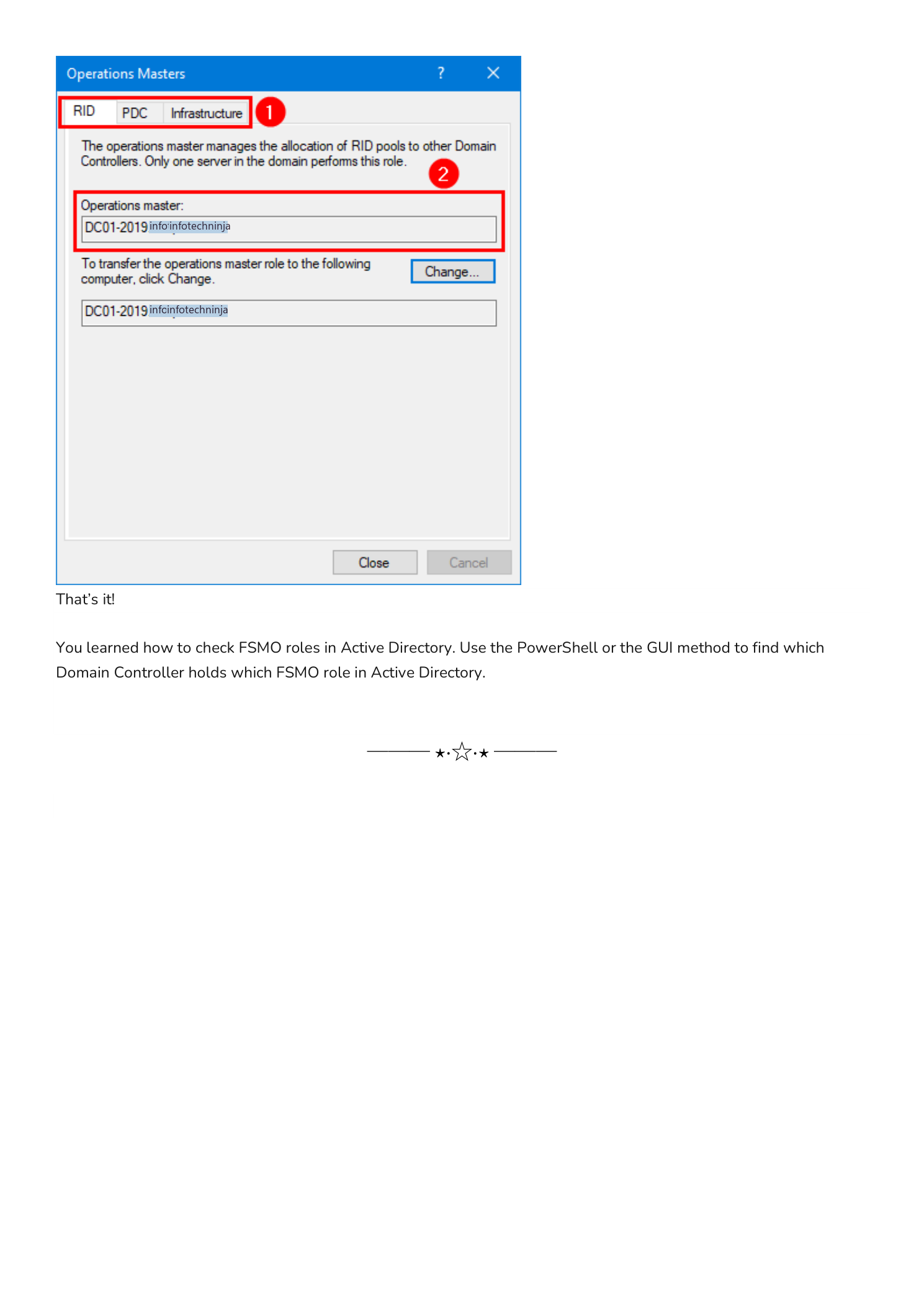 Operations Masters dialog inside Active Directory Users and Computers showing three tabs labeled RID, PDC, and Infrastructure across the top, with the RID tab open displaying DC01-2019.exoip.local as the operations master and explanatory text noting that the operations master manages the allocation of RID pools to other Domain Controllers