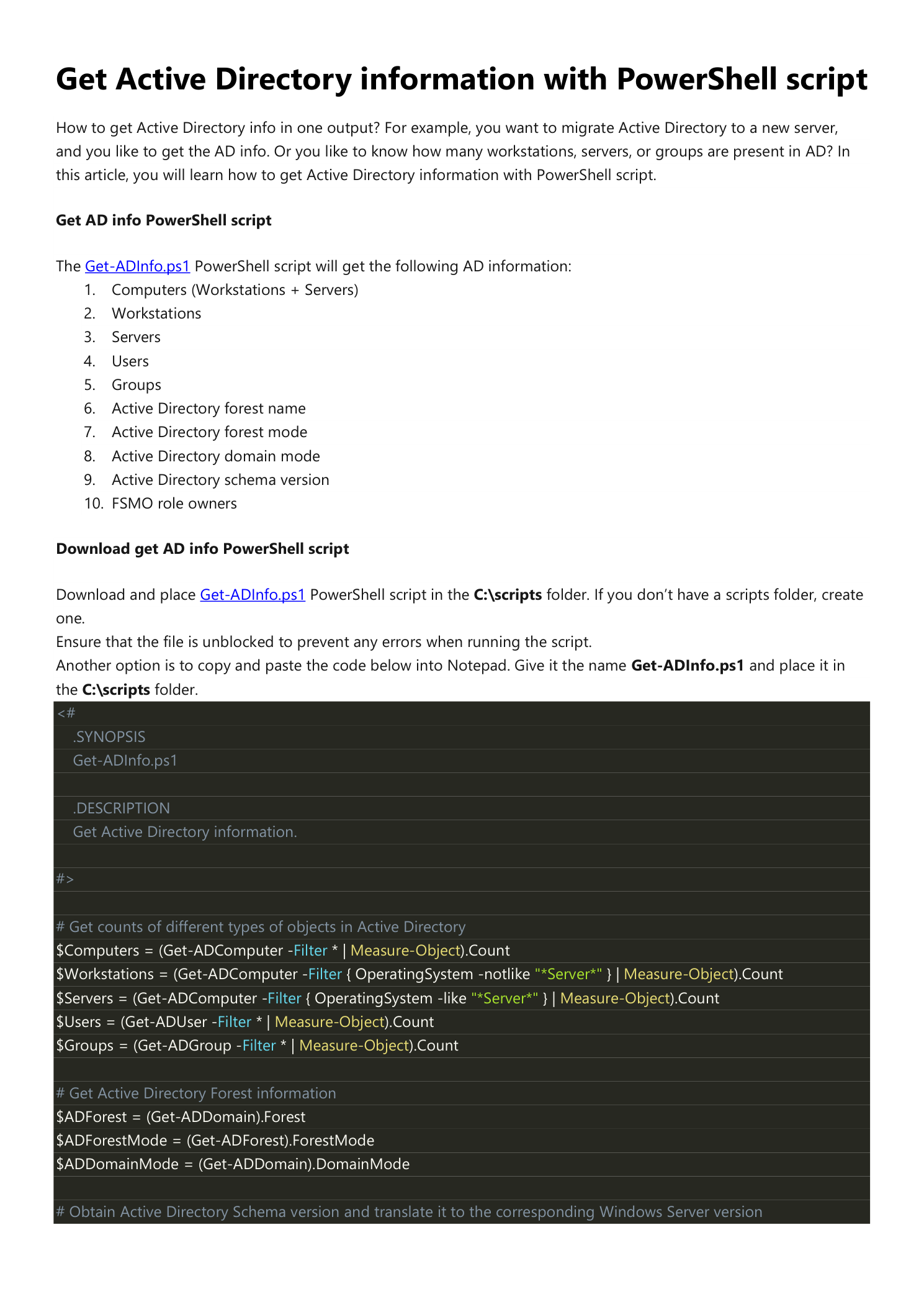 Article opening with the title 'Get Active Directory information with PowerShell script', a numbered list of the ten facts the script collects (Computers, Workstations, Servers, Users, Groups, AD forest name, forest mode, domain mode, schema version, FSMO role owners), and the top half of the Get-ADInfo.ps1 script source displayed in a dark code block showing the comment-based help, Get-ADComputer / Get-ADUser / Get-ADGroup count cmdlets, and the Get-ADForest / Get-ADDomain calls