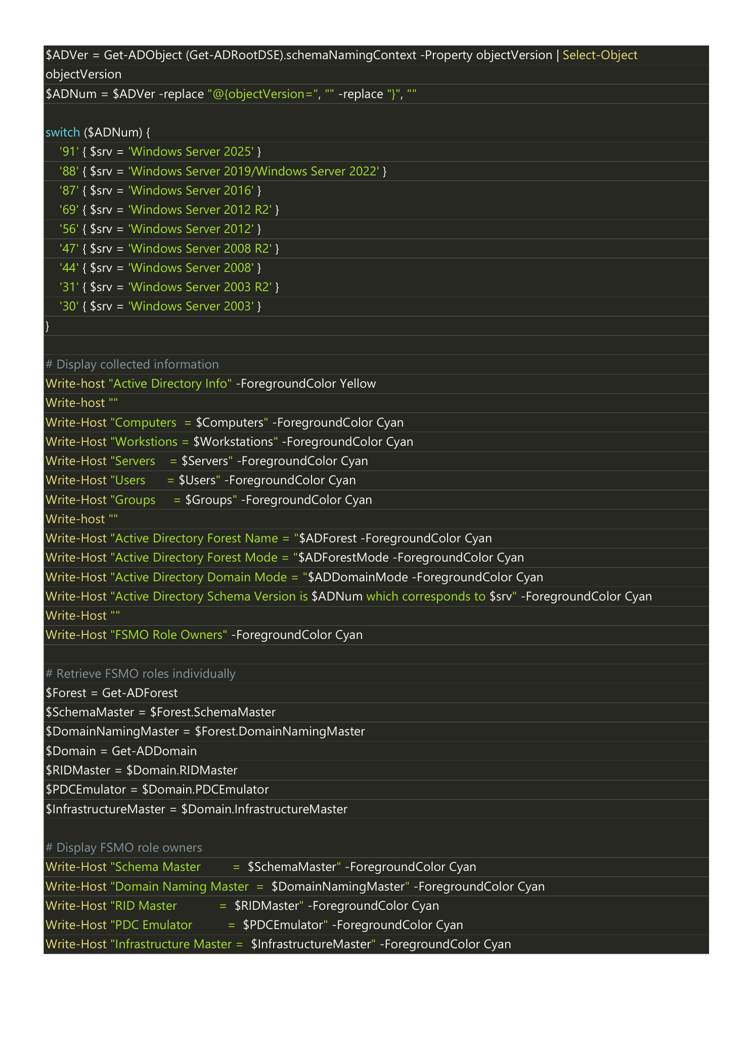 Bottom half of the Get-ADInfo.ps1 script source on a dark background showing the schema version lookup via Get-ADRootDSE schemaNamingContext, a switch statement mapping objectVersion numbers (91=2025, 88=2019/2022, 87=2016, etc.) to friendly Windows Server names, the Write-Host calls that print the colored output, and the FSMO role retrieval that pulls SchemaMaster, DomainNamingMaster, RIDMaster, PDCEmulator, and InfrastructureMaster