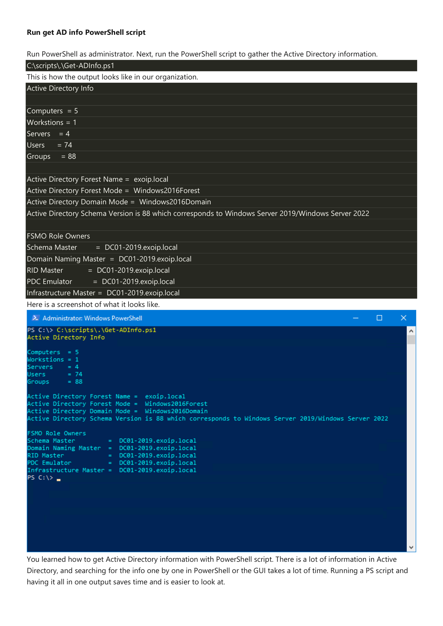 Two stacked screenshots: the expected text output of running C:\scripts\.\Get-ADInfo.ps1 on a small lab domain (Computers=5, Workstations=1, Servers=4, Users=74, Groups=88, Forest Name=exoip.local, Forest Mode=Windows2016Forest, Domain Mode=Windows2016Domain, Schema Version 88 = Windows Server 2019/2022, all five FSMO roles on DC01-2019.exoip.local), and below it the actual Administrator: Windows PowerShell terminal screenshot with the output rendered in yellow header and cyan data lines