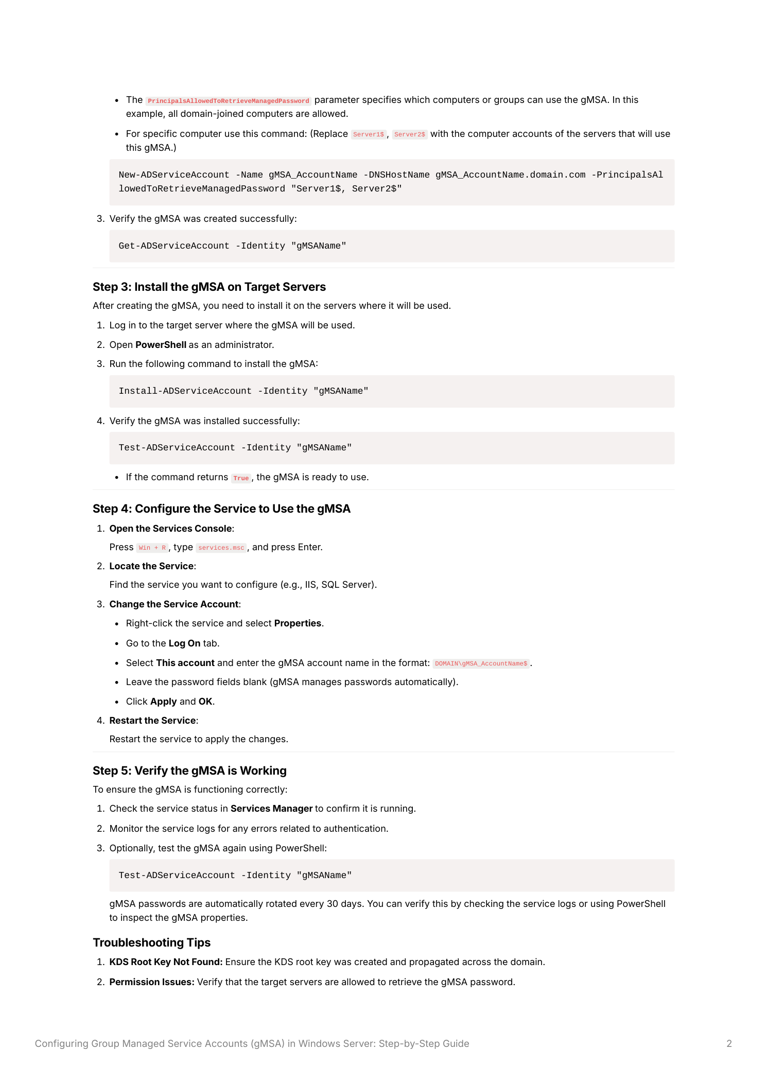 Services.msc showing the Log On tab of a service properties dialog with the This account radio button selected and DOMAIN\gMSA_Name$ entered in the account field, with both password fields left blank, and the service status showing Running