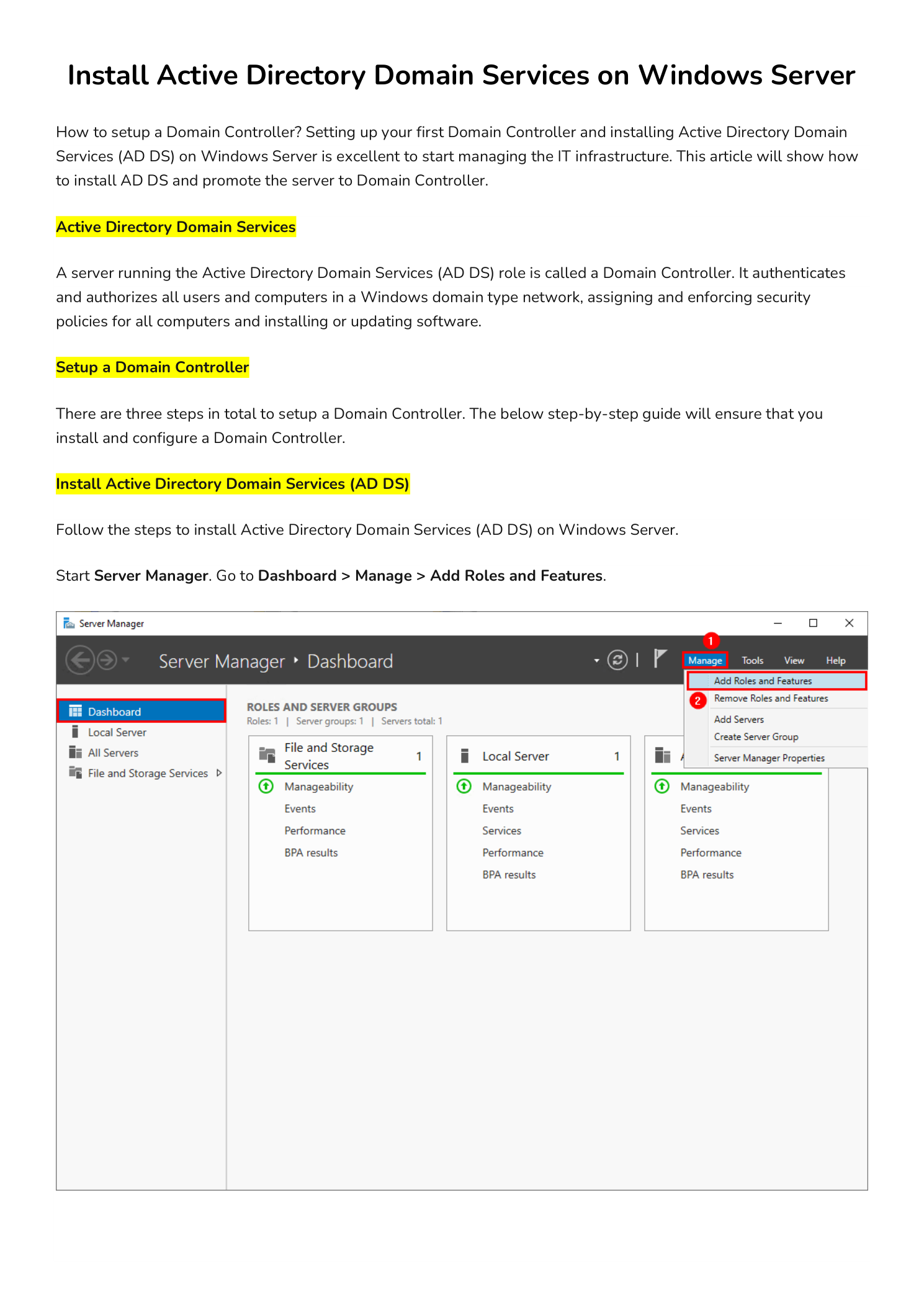 Windows Server Manager Dashboard with the Manage menu open and Add Roles and Features highlighted as the entry point to begin installing the Active Directory Domain Services role