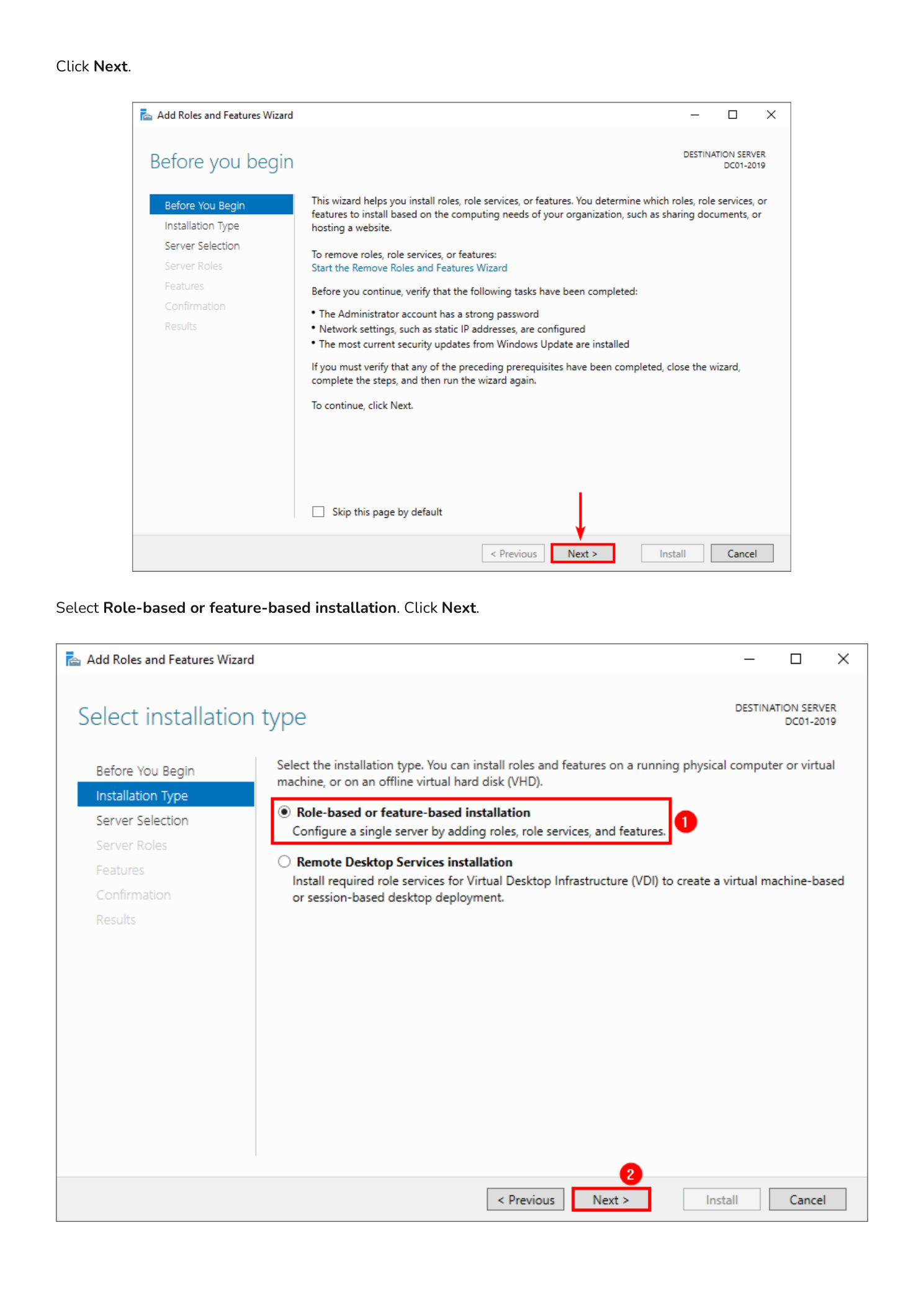 Add Roles and Features Wizard Before You Begin page on top, and the Select installation type page below with Role-based or feature-based installation selected instead of Remote Desktop Services installation