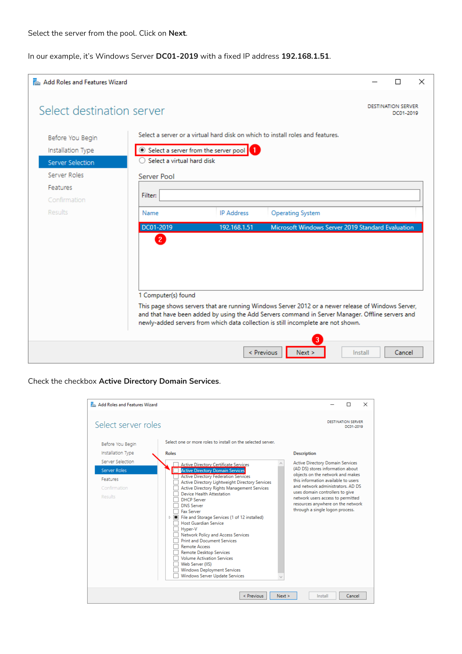 Select destination server page showing DC01-2019 with IP 192.168.1.51 selected from the server pool, and the Select server roles page with the Active Directory Domain Services checkbox being selected