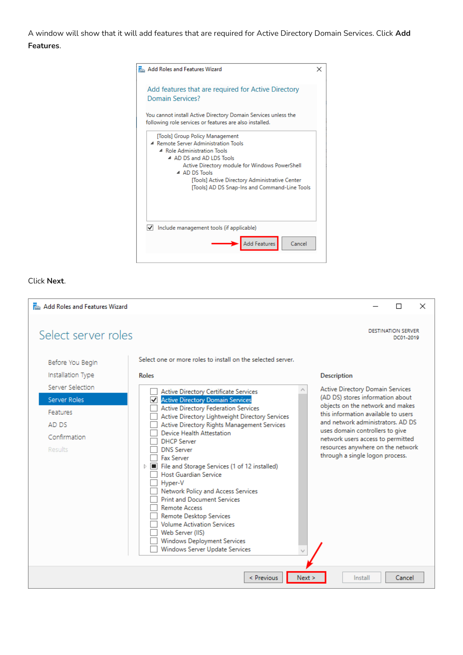 Add features that are required for Active Directory Domain Services pop-up dialog listing AD DS Tools and Group Policy Management, with the Add Features button highlighted