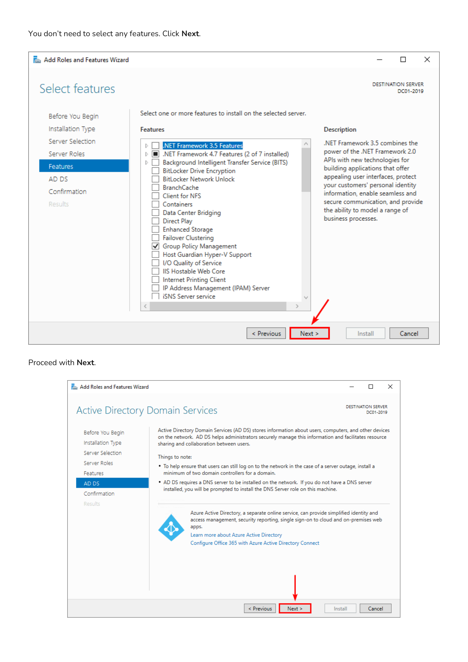 Select features page with no additional features selected, and the AD DS information page describing what Active Directory Domain Services does