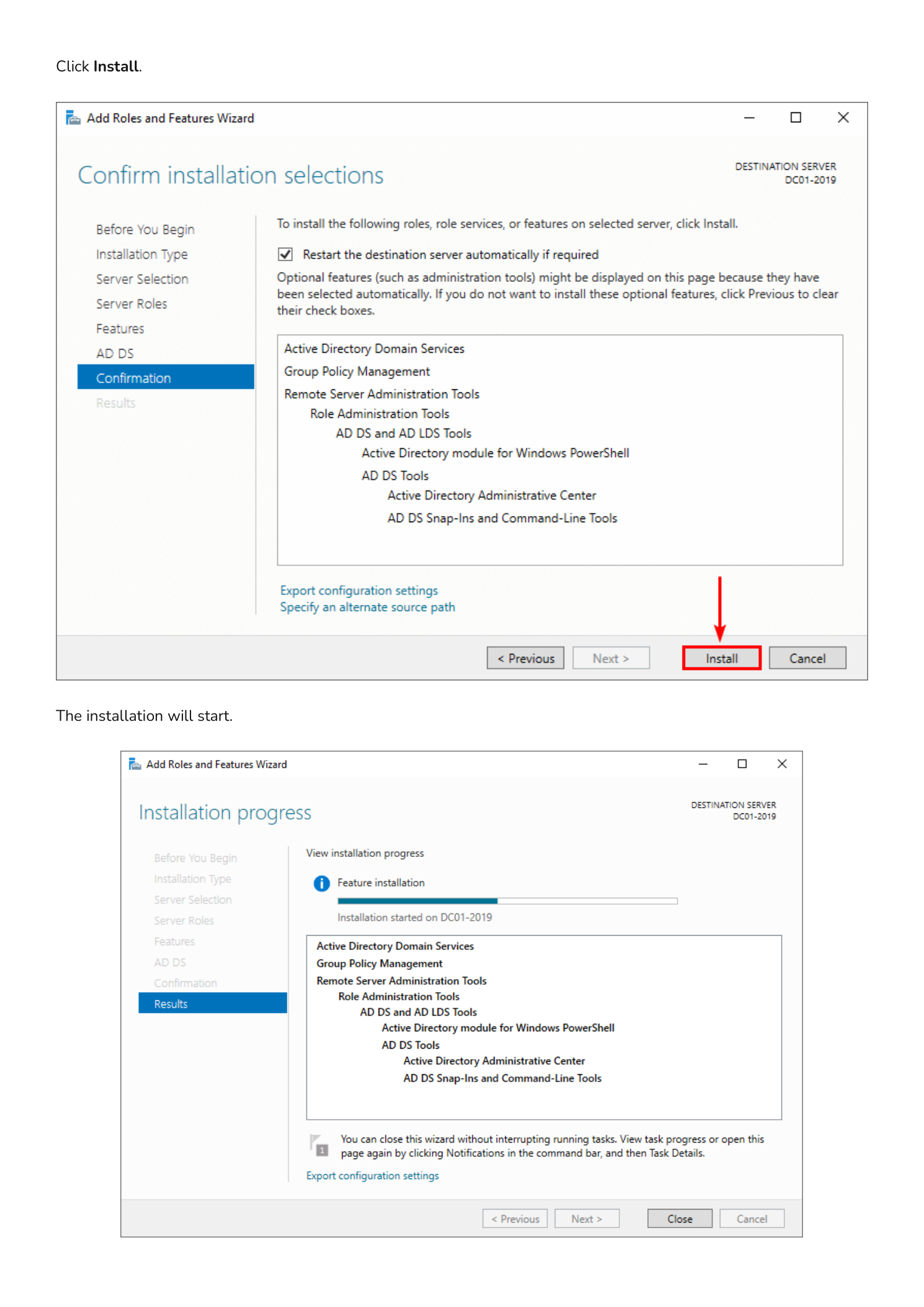 Confirm installation selections page showing Active Directory Domain Services and management tools queued for installation, alongside the Installation progress page actively installing the role