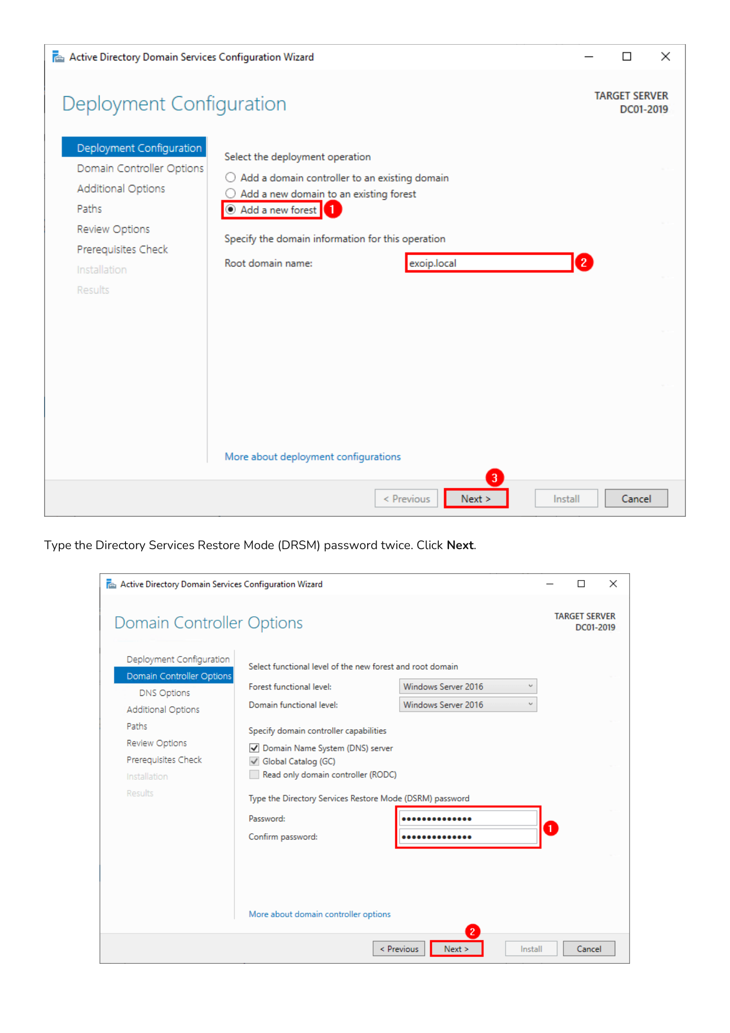 Domain Controller Options page in the Active Directory Domain Services Configuration Wizard with the Directory Services Restore Mode (DSRM) password being entered and confirmed