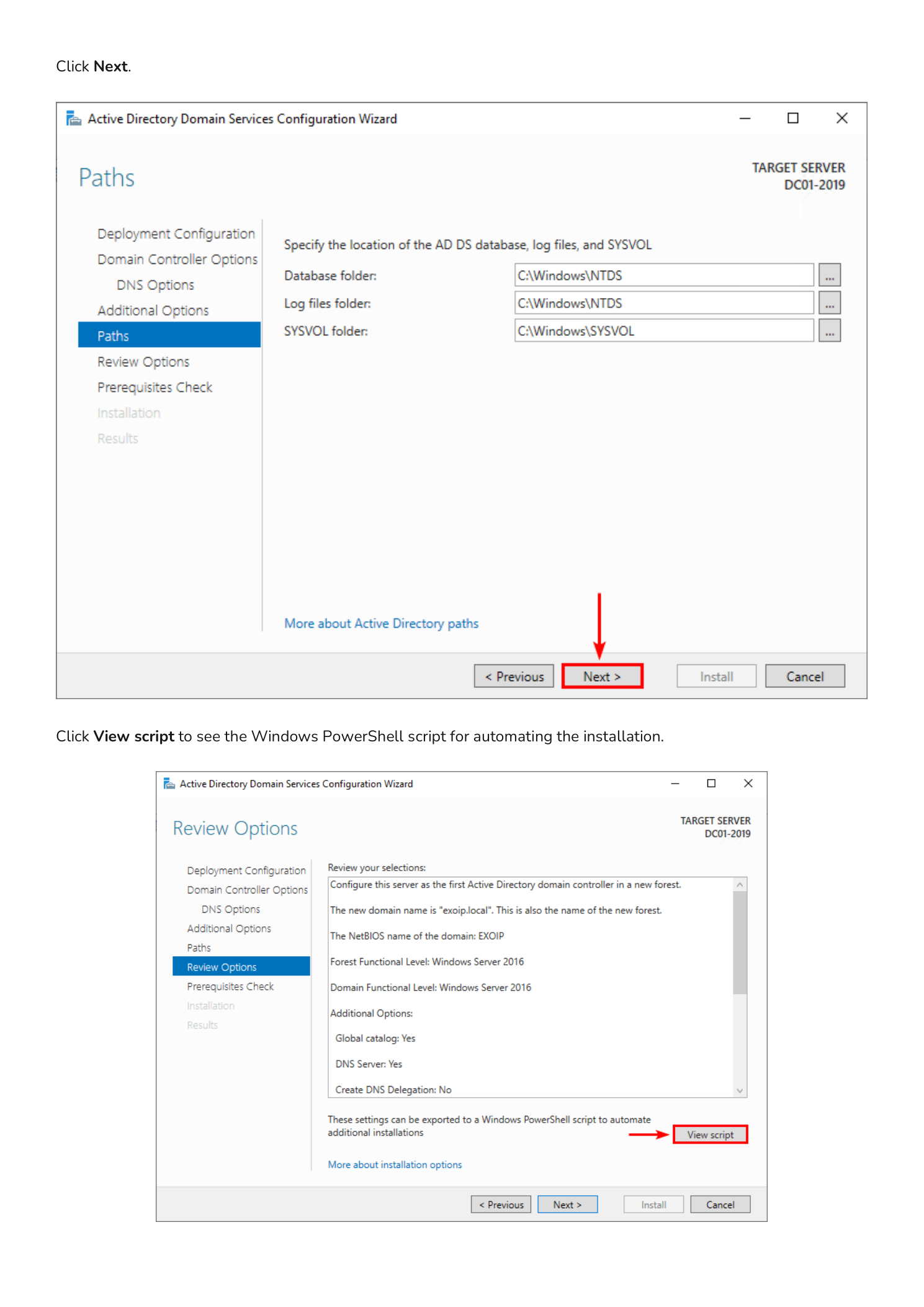 Paths page showing default locations for the AD DS database, log files, and SYSVOL, and the Review Options page with the View script button highlighted in the bottom-right corner