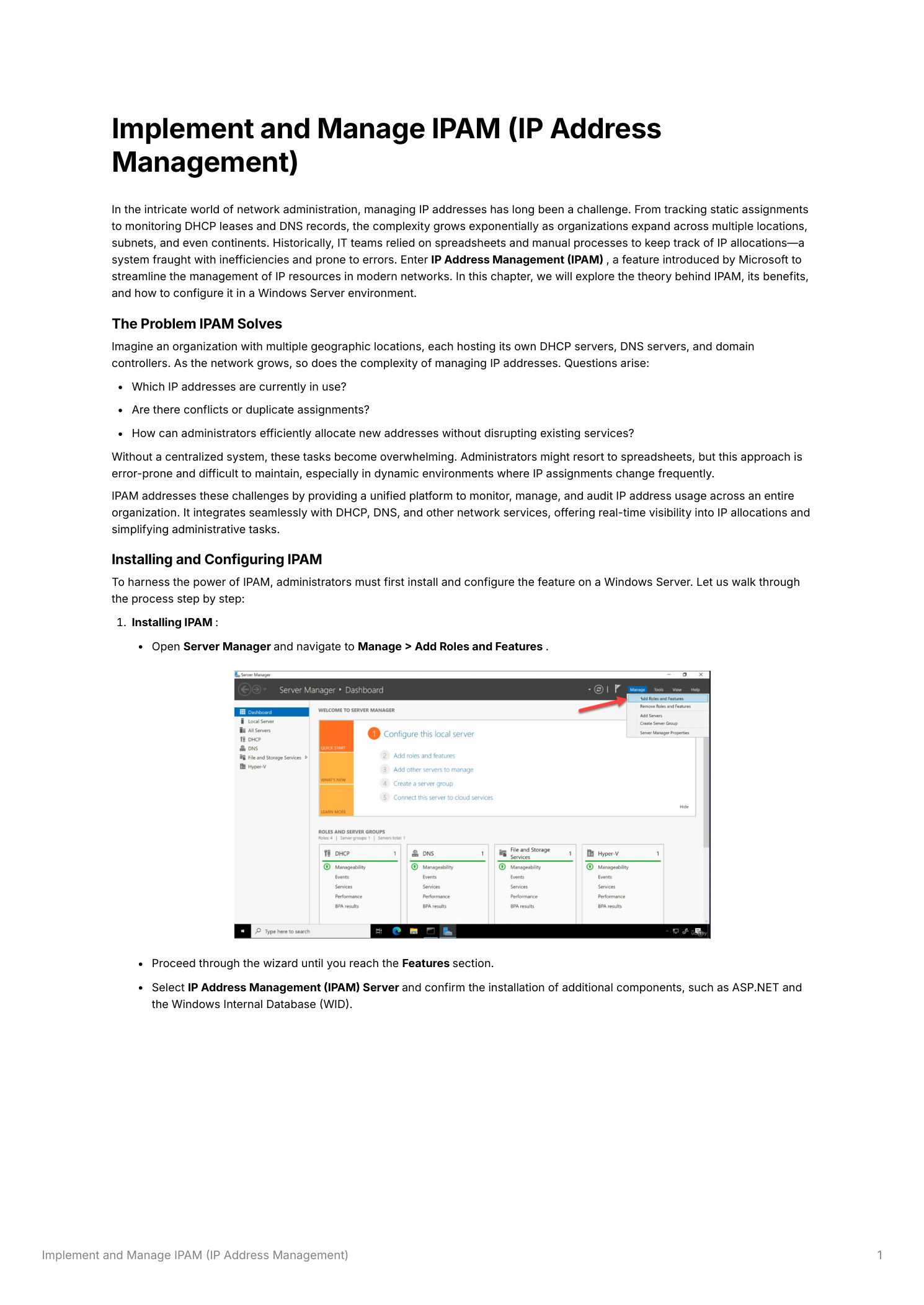 Server Manager Add Roles and Features wizard showing the Features page with IP Address Management (IPAM) Server selected, and the confirmation dialog showing ASP.NET and Windows Internal Database as additional required components