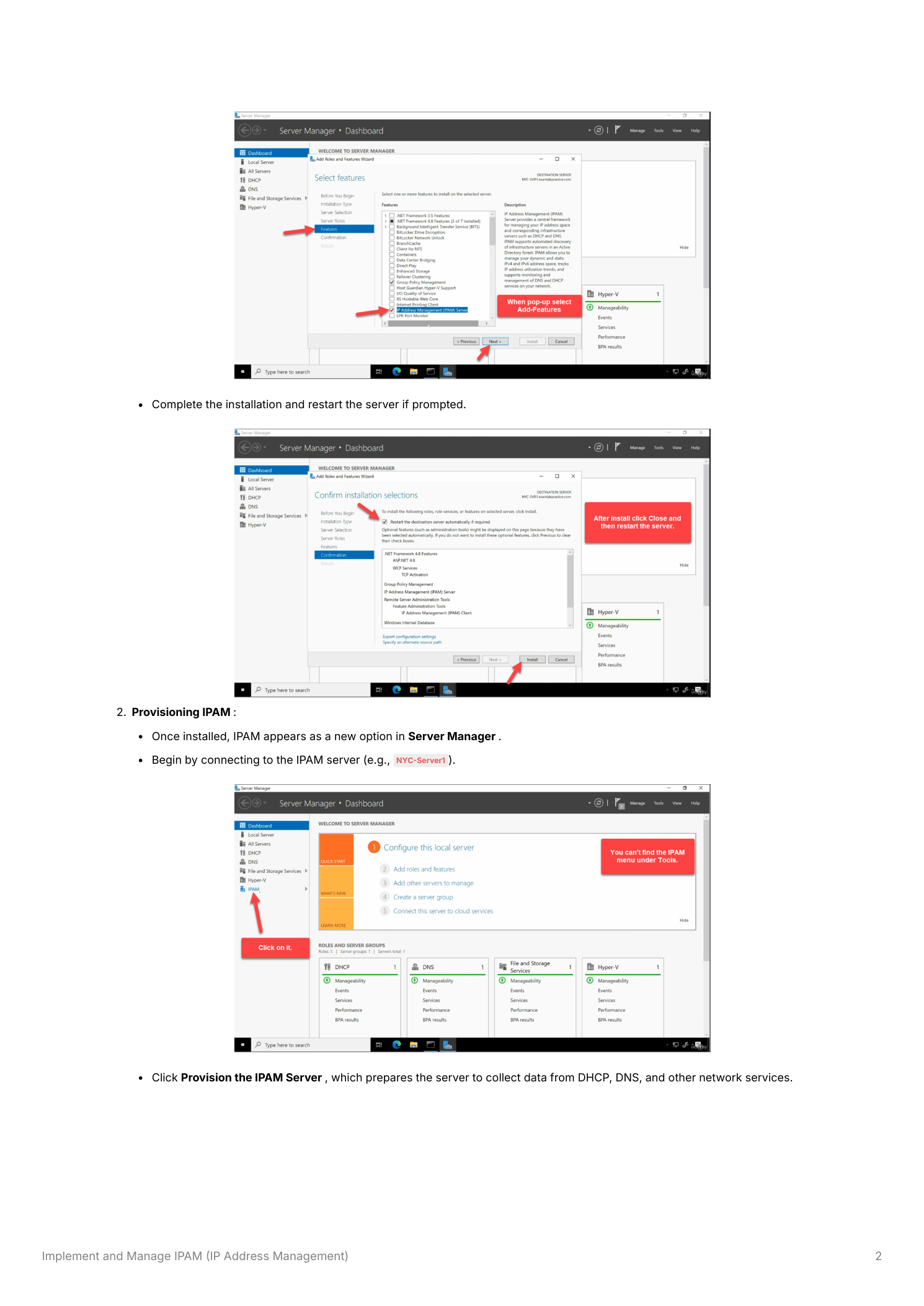 Server Manager showing the IPAM feature installation completing with a progress bar, followed by Server Manager Dashboard with IPAM now visible as a new management option in the left navigation panel