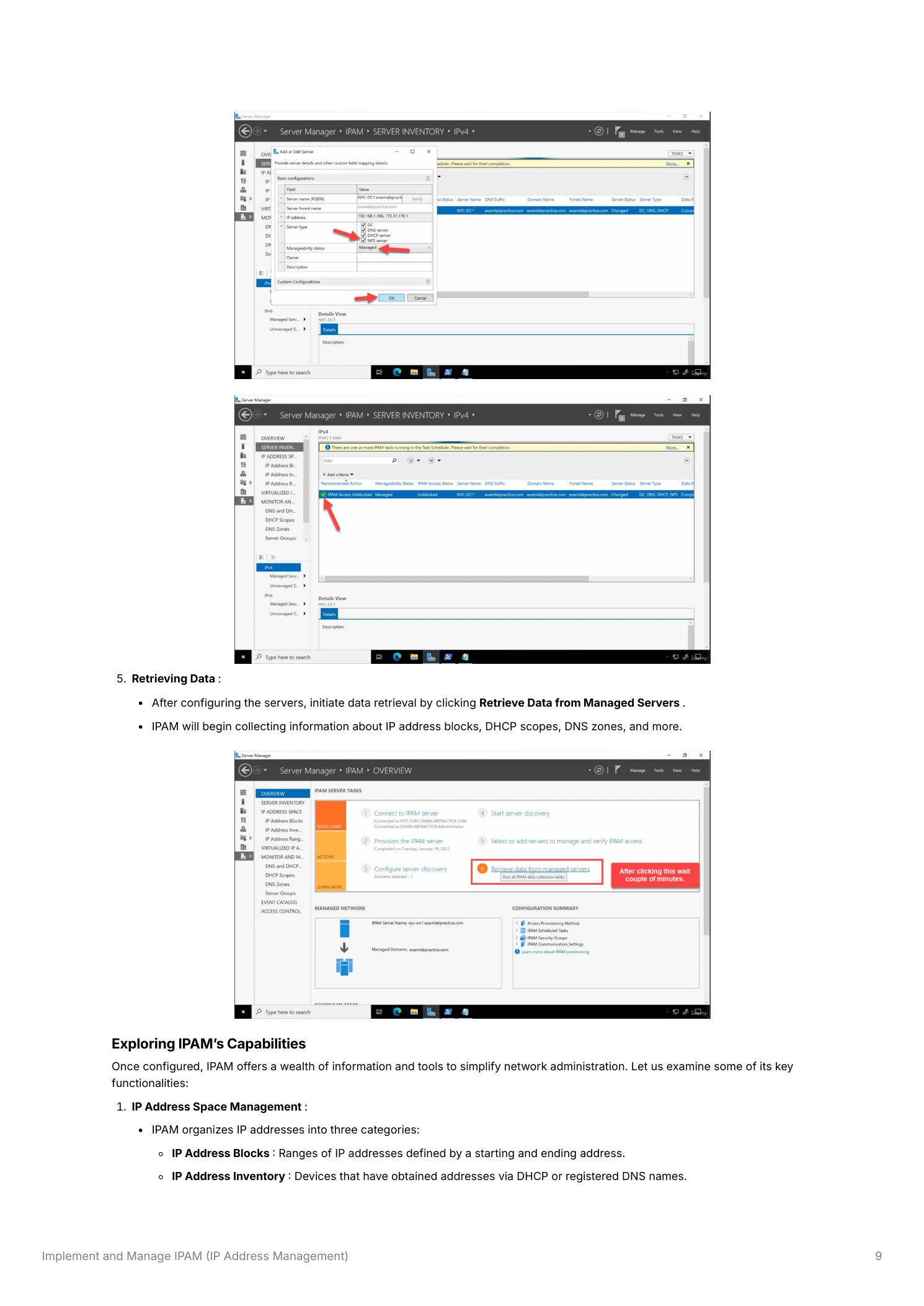 IPAM console showing the Retrieve Data from Managed Servers task running, with the IPAM overview dashboard beginning to populate with IP address space data, DHCP scope information, and DNS zone monitoring sections becoming available