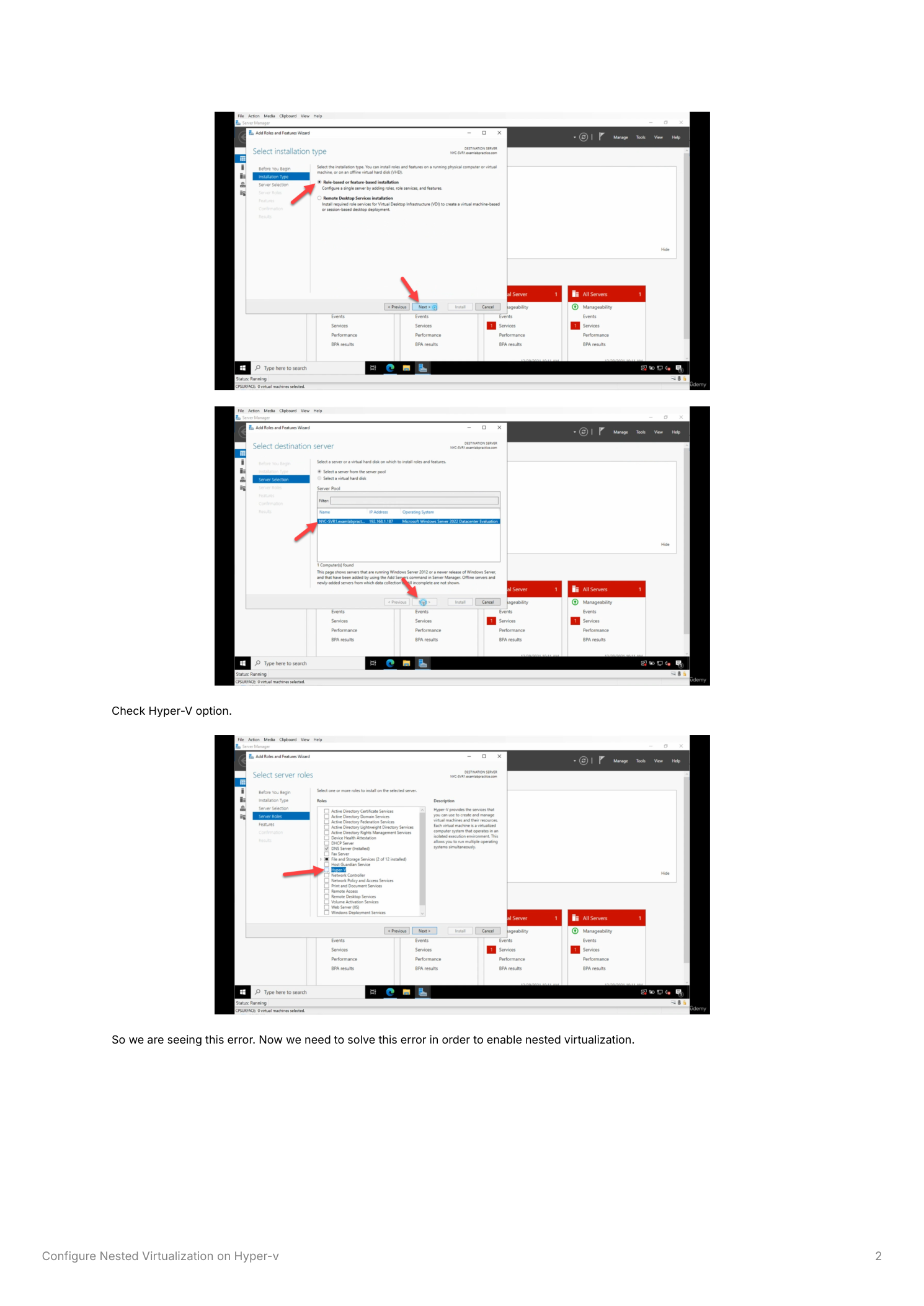 Add Roles and Features wizard on the Server Roles page inside the NYC-SVR1 VM with Hyper-V checked, and an error message appearing during installation indicating that the processor does not have the required virtualization capabilities
