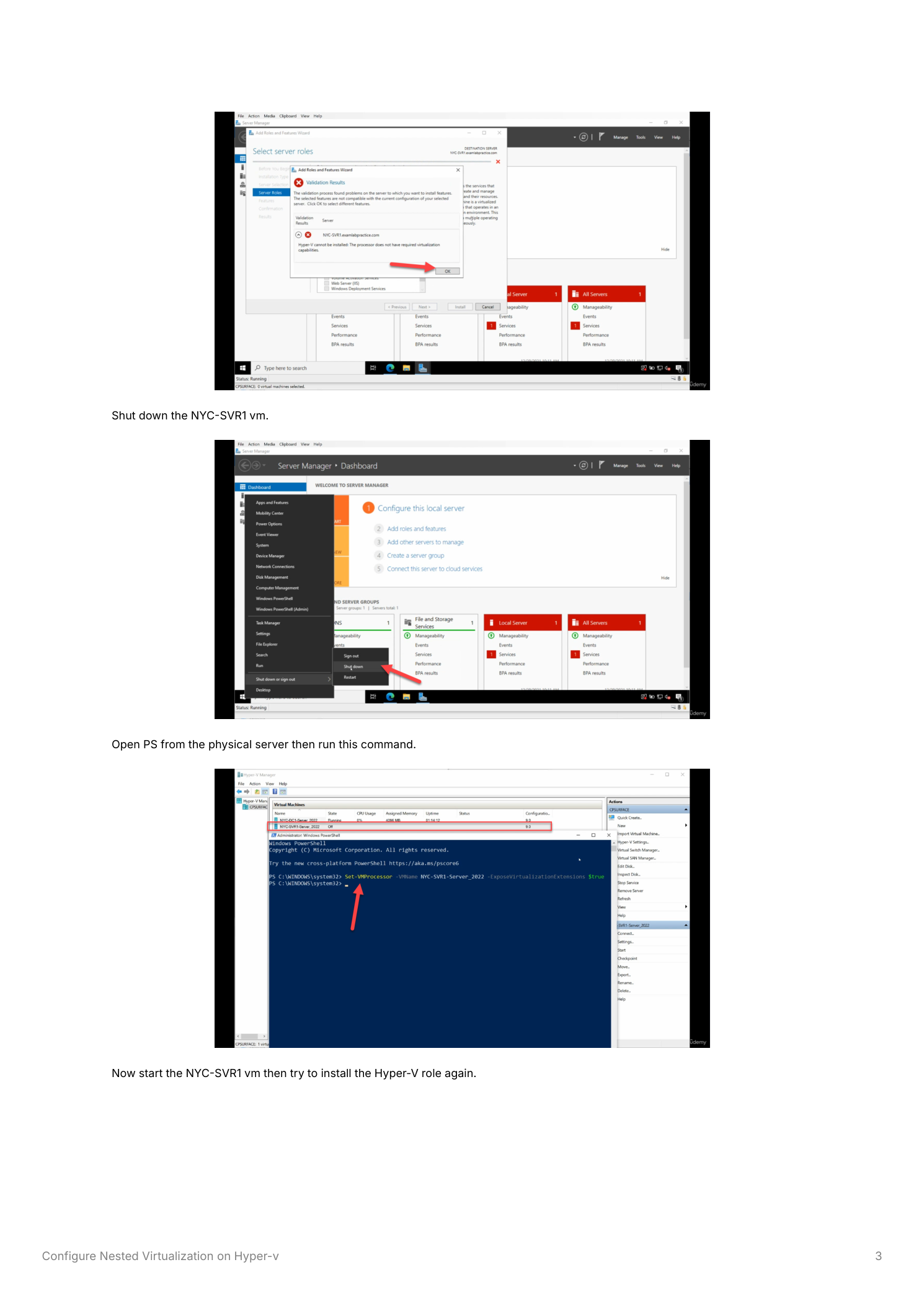 Server Manager on the physical host showing the Hyper-V dashboard with NYC-SVR1 in a shut down state, and a PowerShell window on the physical host with the Set-VMProcessor command entered and completed successfully
