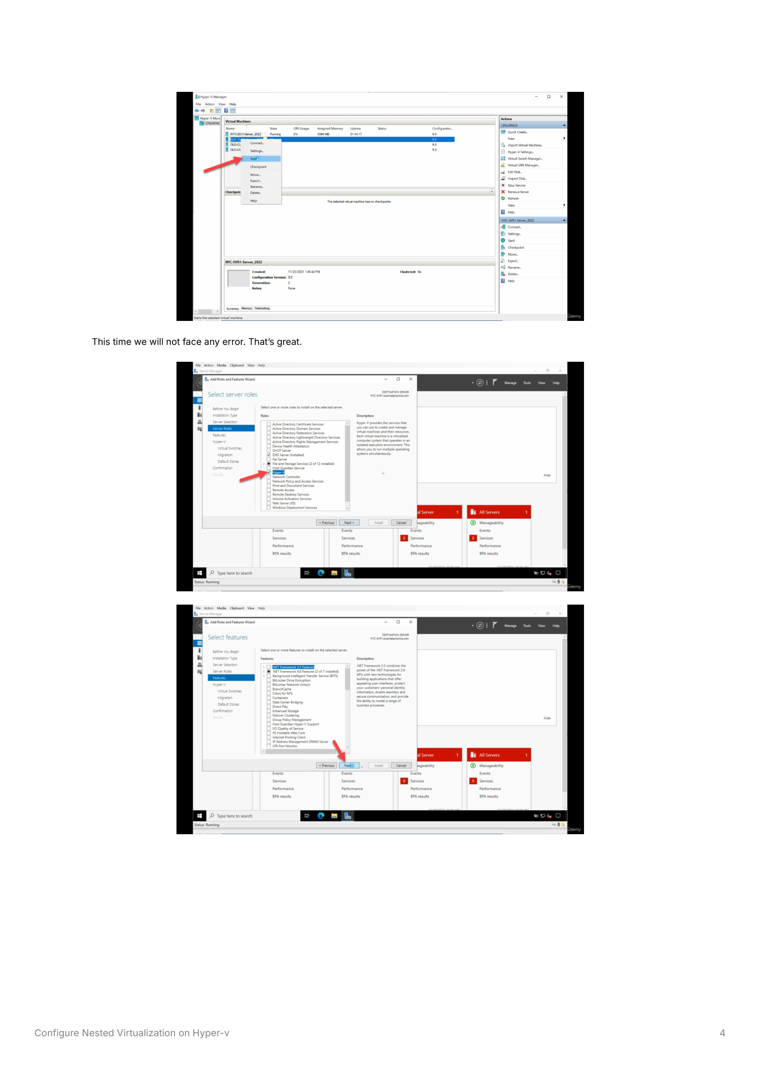 Add Roles and Features wizard inside NYC-SVR1 with Hyper-V checked and no error appearing this time, and the Virtual Switches configuration page showing the available network adapters for creating a virtual switch for the nested VM environment