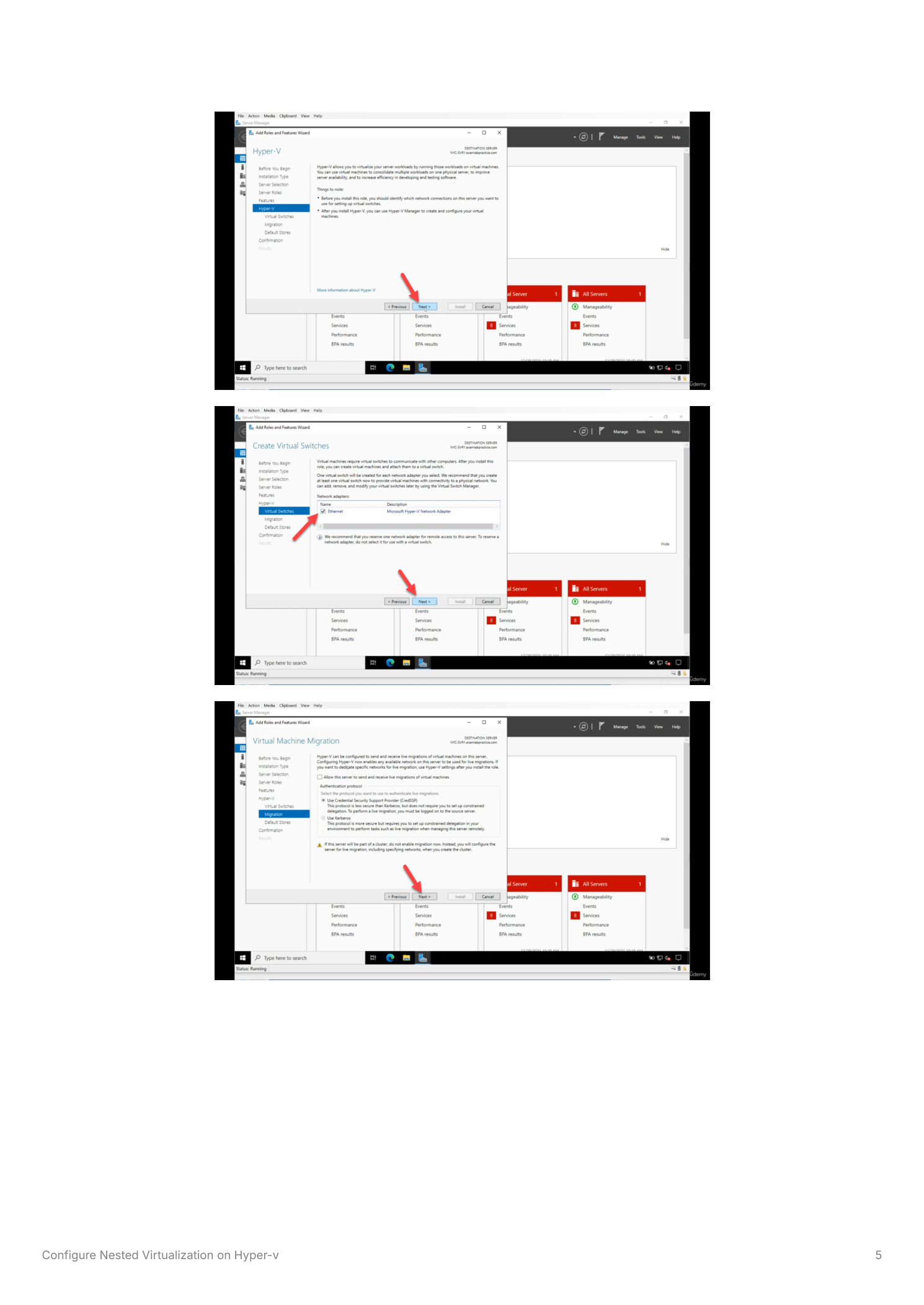 Add Roles and Features wizard Virtual Machine Migration page with default settings and Next highlighted, and the Default Stores page showing the Virtual Hard Disks and Virtual Machines default folder path fields with the Next button highlighted