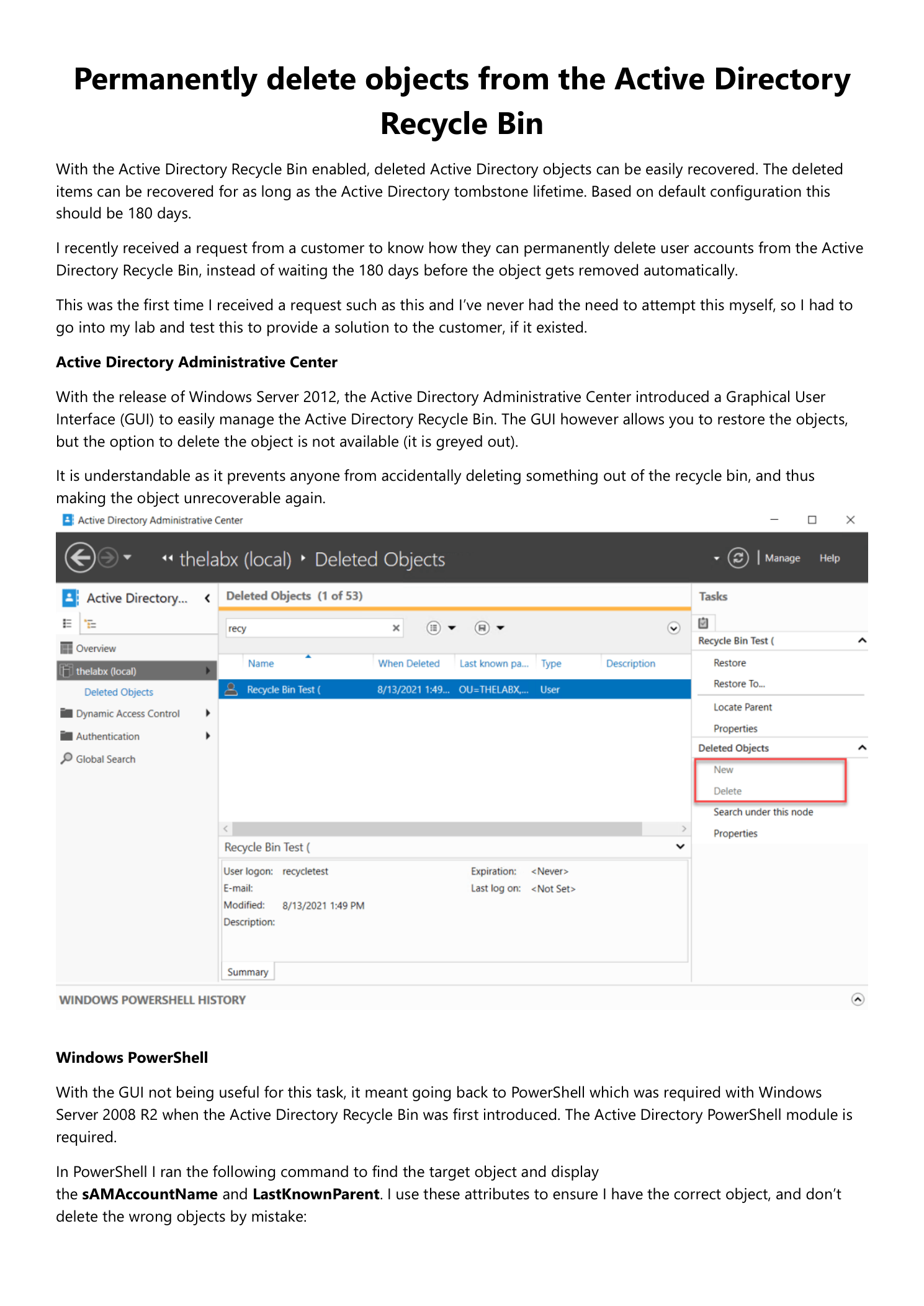 Active Directory Administrative Center showing the Deleted Objects container with a user object selected  -  the Tasks panel shows Restore and Properties but the Delete option is greyed out and unavailable