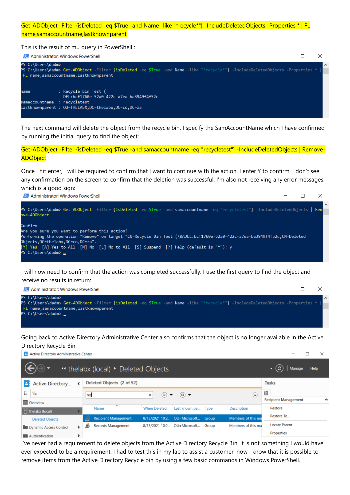 PowerShell terminal showing the Remove-ADObject command with the Confirm prompt, user entering Y to confirm  -  followed by a re-run of Get-ADObject returning no results, and ADAC Deleted Objects container confirming the object is no longer listed