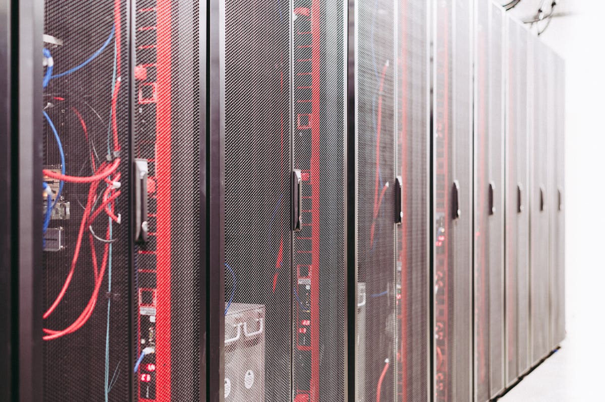 A row of data center server cabinets
