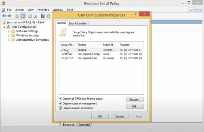 Resultant Set of Policy console (rsop.msc) showing both GPO1 and GPO2 applied with the computer GPO listed first as higher precedence under loopback merge mode