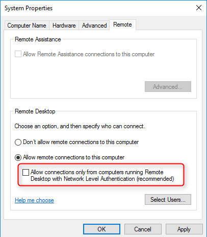 Windows System Properties Remote tab showing the Network Level Authentication checkbox - Allow connections only from computers running Remote Desktop with Network Level Authentication recommended