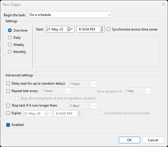 Windows Task Scheduler Create Task dialog showing the New Trigger sub-window opened from the Triggers tab, with the Begin the task drop-down expanded to reveal the trigger types including On a schedule, At log on, At startup, On idle, On an event, At task creation/modification, On connection to user session, On disconnect from user session, On workstation lock, and On workstation unlock