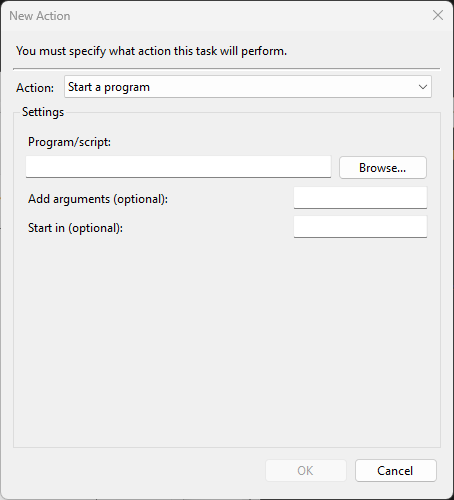 Windows Task Scheduler New Action dialog showing the Action drop-down set to Start a program with three configurable input fields below it: Program/script (executable path), Add arguments optional (command-line parameters passed to the program), and Start in optional (working directory the program runs from). The two other action options Send an e-mail and Display a message are visible in the drop-down but marked as deprecated.