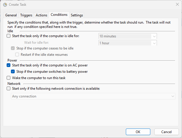 Windows Task Scheduler Create Task dialog open on the Conditions tab showing three groups: Idle (with Start the task only if the computer is idle for and Wait for idle for time pickers, Stop if the computer ceases to be idle, and Restart if the idle state resumes checkboxes), Power (Start the task only if the computer is on AC power, Stop if the computer switches to battery power, and Wake the computer to run this task checkboxes), and Network (Start only if the following network connection is available with a connection-name selector)