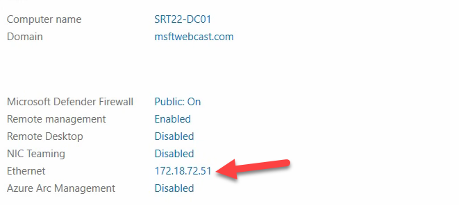 SRT22-DC01 ipconfig output showing the Ethernet adapter with IPv4 address 172.18.72.51, subnet mask 255.255.252.0, no default gateway configured yet, and preferred DNS server 127.0.0.1 (the DC pointing at its own DNS service)