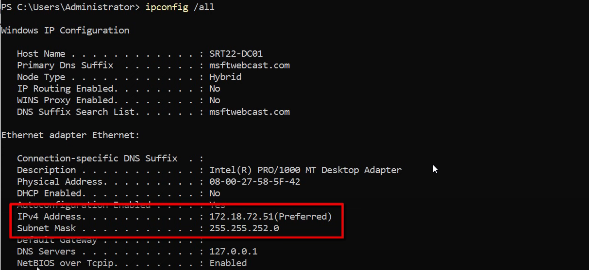 Server Manager Local Server view on SRT22-DC01 showing the installed roles (Active Directory Domain Services, DNS Server) and confirming the server name SRT22-DC01 in the msfwebcast.com domain