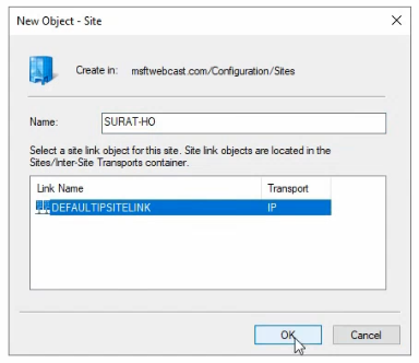 Active Directory Sites and Services snap-in showing the new Surat-HO site object created under the Sites container, with the Default-First-Site-Name still present alongside it as the legacy auto-created container