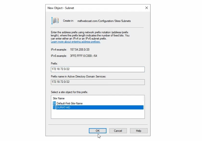 Active Directory Sites and Services snap-in showing the new 172.18.72.0/22 subnet object created under the Subnets container with its association to the Surat-HO site
