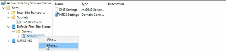Active Directory Sites and Services snap-in with the SRT22-DC01 server object selected under Default-First-Site-Name and the Move dialog open showing the option to relocate it to the Surat-HO site