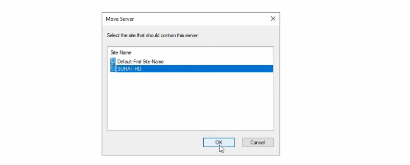 Move Server dialog box prompting the administrator to confirm moving SRT22-DC01 from Default-First-Site-Name to the Surat-HO site