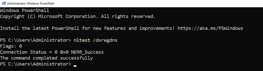 Elevated PowerShell prompt running nltest /dsregdns on SRT22-DC01 showing the DNS-registration request completed successfully so the DC re-registers its SRV records pointing at the new Surat-HO site