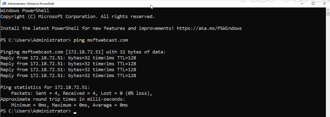 PowerShell ping from SRT22-DC02 to msfwebcast.com resolving to 172.18.72.51 (SRT22-DC01 IP) and returning successful replies confirming both DNS resolution and IP connectivity to the existing root domain controller
